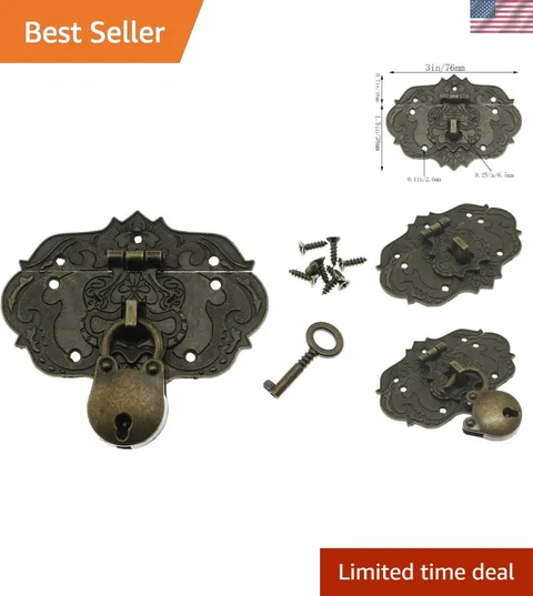 Rustproof Antique Embossed Brass Lock with Key for Wooden Boxes - 2 Count