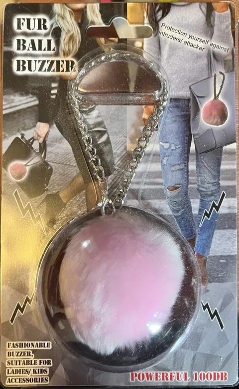 Alarm Pink Fur Ball Personal Buzzer 100db Protection Safety With Hanging Chain