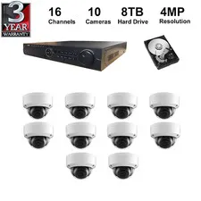 NVR Kit: 16 Channel H.265 NVR+Total 8TB Hard Drive+4MP IP Cameras (10 Pieces)
