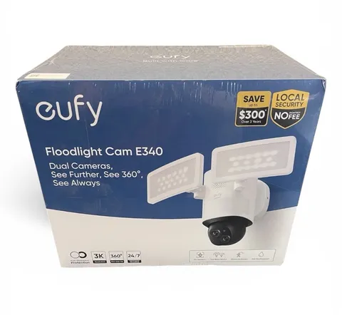 eufy Security Floodlight Camera E340 3K HD Outdoor Cam 360° 24/7 Rec & Detect