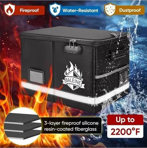 BALEINE Large Black Fireproof 2200°F Document Box Combo Lock, Water/Dustproof