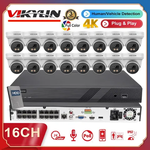 Vikylin 4K 16ch POE NVR CCTV System 8MP Camera Outdoor F1.0 Full Color Audio Lot