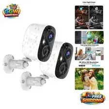 Outdoor 2K Wireless Cameras with Color Night Vision & 110° Viewing Angle, 2 Pack