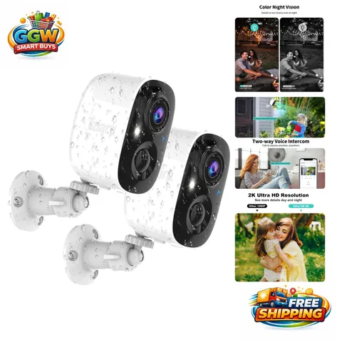 Outdoor 2K Wireless Cameras with Color Night Vision & 110° Viewing Angle, 2 Pack