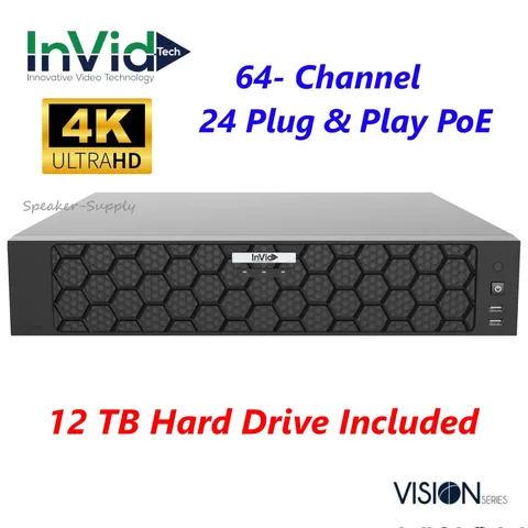 InVid VN4A-64X24/12TB 64 Channel 24 PoE NVR 12TB HDD 4K 384/200 Mbps 4 HD Bays
