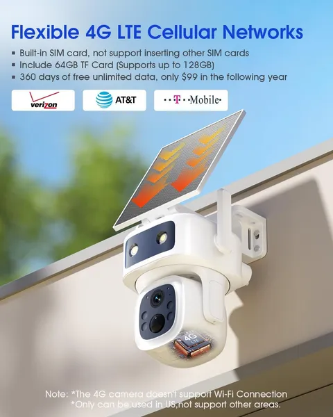 [One Year No Subscription] Solar Powered No Wifi Camera Built-In 4G LTE SIM Card