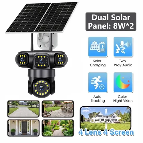 4 Lens Solar Battery Powered Wireless WiFi Home Security Camera Outdoor Pan/Tilt