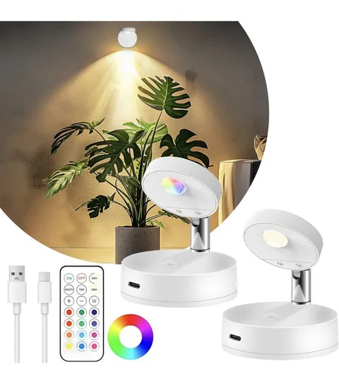 2 Pack Rechargeable LED Spotlight for Indoor, Wireless RGB Spot 2 Pack, White 