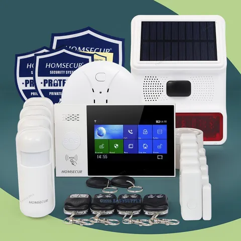 HOMSECUR Wireless WIFI 4G Home House Alarm System+Wireless Solar Red Flash Siren