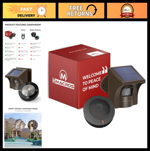Wireless Driveway Alarm System - 1/2 Mile Solar Motion Sensor & Plug-in Receiver