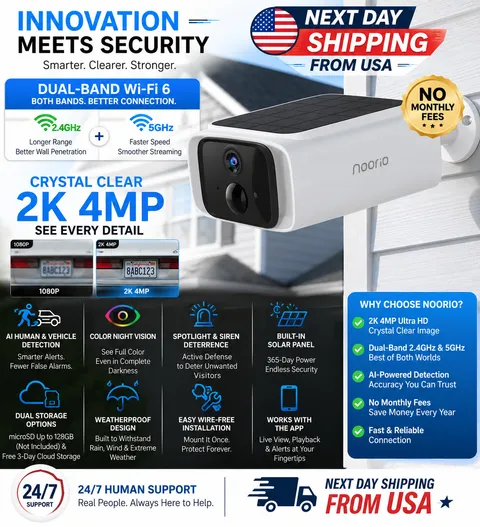 Noorio 2K Solar Security Camera Wireless Outdoor WiFi IP65 2-Way Talk