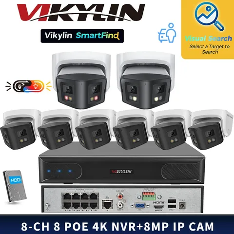 VIKYLIN SmartFind 8POE 8CH NVR System 180view Dual Light Color 8MP IP Camera Lot