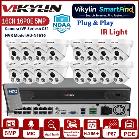 Vikylin SmartFind 16POE 16CH NVR 5MP IR Light Audio Outdoor POE Camera NDAA Lot