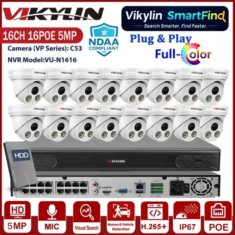 Vikylin SmartFind 16CH NVR 5MP PoE Security Camera System Color Night Vision Lot