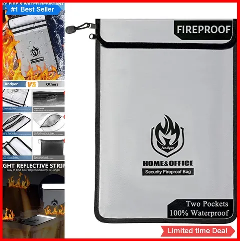 Fireproof Document Bag 15x11 Inch Waterproof Money Pouch 2 Pockets Reflective