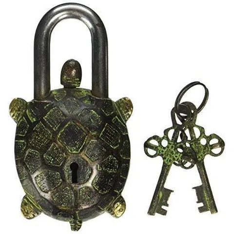 Vintage Finish Brass Tortoise Padlock with Keys Handmade Rare Feng Shui 