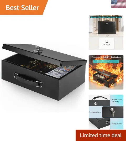 Fireproof Document Box with Key Lock, Fire Safe Box, Black | Fire and water r...