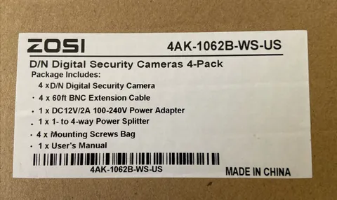 Zosi Digital Security Camera 4 Pack 4AK-1062B-WS-US Open Box No Manual