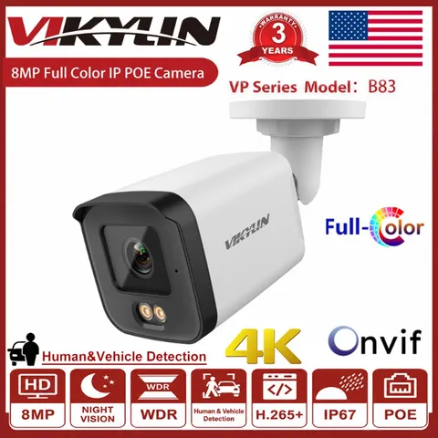 Vikylin 4K 8MP PoE Security IP Camera Full Color Human Vehicle detection ONVIF