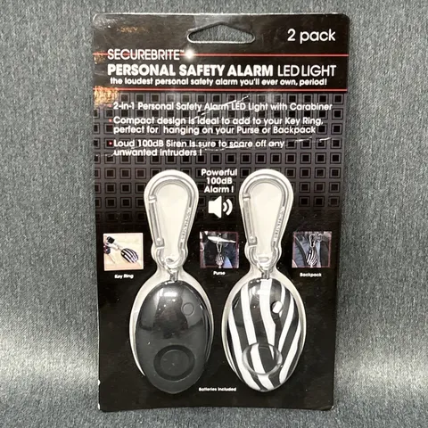 2 pack Securebrite Personal Safety Alarm LED Light Carabiner Black White 100DB