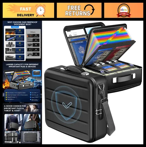 Fireproof Document Box with Lock, Secure Hard-Shell Safe for Documents & Valuabl