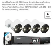 LongPlus 4K PoE Security 4 Camera System, 12MP H.265+ 16CH NVR with 4TB Hhd