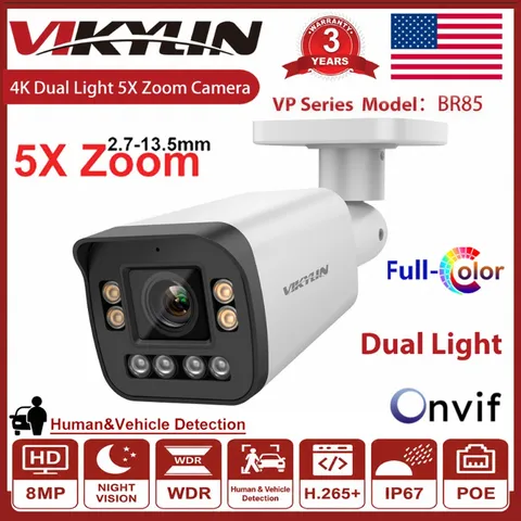 Vikylin Dual Light Full Color 5× Optica ZOOM POE 4K 8MP PTZ Camera Outdoor ONVIF