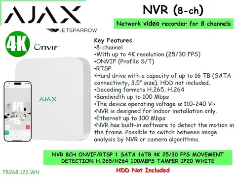 AJAX 8-Channel NVR, 4K Resolution, ONVIF (Profile S/T) White (NO HDD)