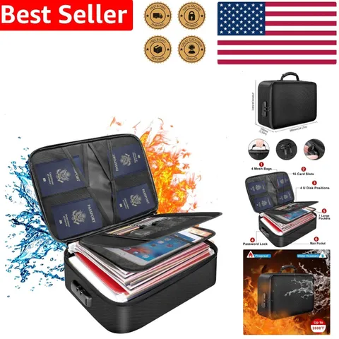 Fireproof Document Bag Lock Black Portable 3-Layer File Storage Organizer