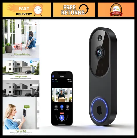 1080P Wireless Video Doorbell Camera - FHD Live View, Night Vision, AI Detection