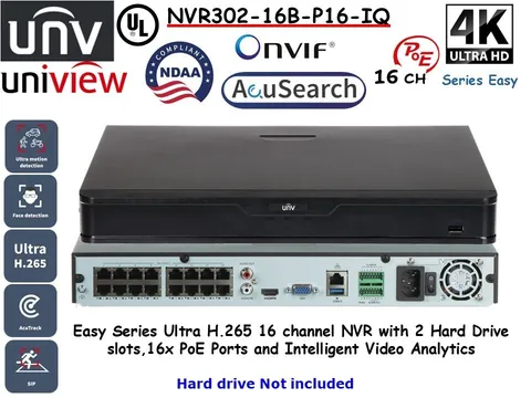 UNV Uniview NVR302-16B-P16-IQ Easy Series Ultra H.265 16CH NVR 16x PoE ONVIF IA