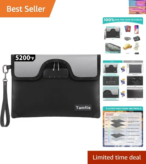 5200°F Fireproof Money Bag with Lock, Water Fireproof Document Bag with Zippe...