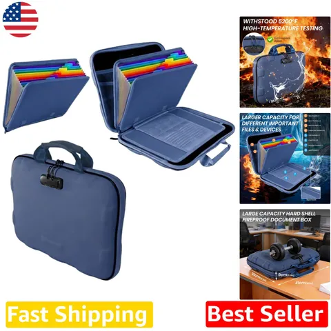 Hard Case Fireproof Document Box, Portable Blue Safe with Lock, A4 Organizer