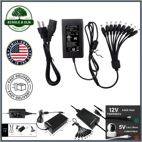 9-Way Power Splitter Cable with 12V 5A Adapter for Security Camera Systems
