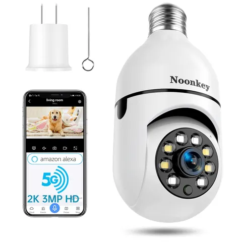 Noonkey 2K/3MP Light Bulb Security Camera, 5G& 2.4GHz WiFi Alexa E27 White