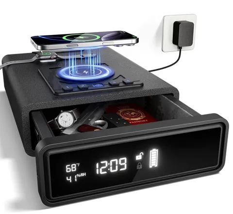 Biometric Safe Wireless Charging 3 Access Unlock Nightstand Drawer Gun Cash LED