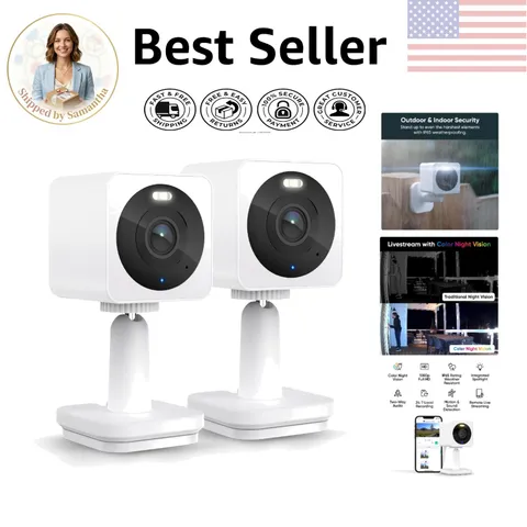 Indoor/Outdoor 1080p Security Cameras - Color Night Vision & 2-Way Audio, 2-Pack