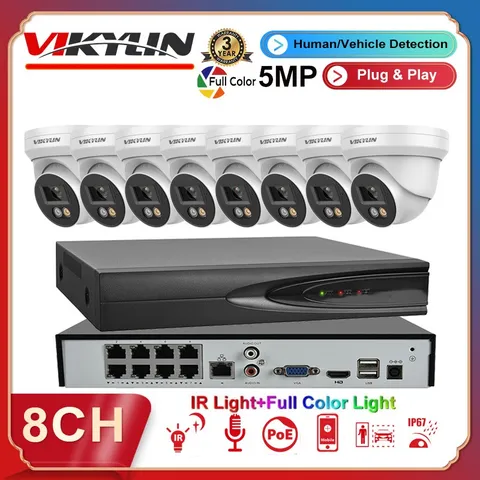 Vikylin 8ch CCTV System 5MP Camera Full Color IR Audio Outdoor 4k 8 POE NVR Lot