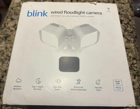 BLINK Wired Floodlight Camera Smart Outdoor Security, 2600 Lumens, White In-Hand