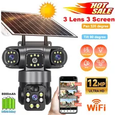 Solar Camera 3 Lens 12MP Battery Home Security Outdoor Wifi Night Vision Camera