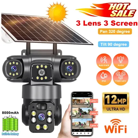 Solar Camera 3 Lens 12MP Battery Home Security Outdoor Wifi Night Vision Camera