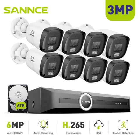 SANNCE 8CH 6MP NVR 3MP POE Security Camera System Audio Recording Outdoor H.265