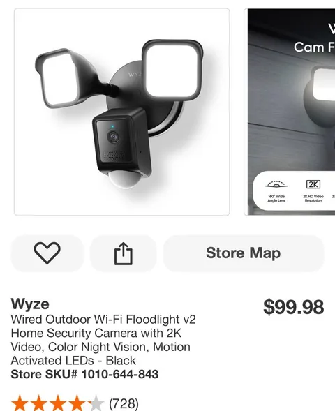 Wyze Cam Floodlight V2 Motion Activated, 2k HD Color Night Vision ( Black ) New