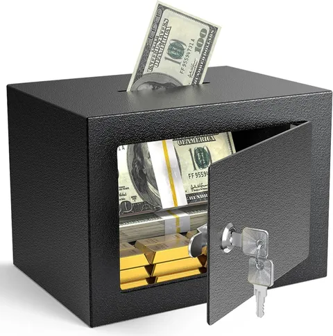 Small Safe Box with Key Lock,Mini Safe for Money with Coin Slot，Steel Security D