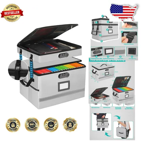Lockable 2 Layer File Box - Durable Fireproof Waterproof Organizer w/ Handle