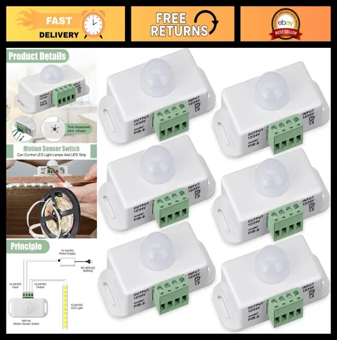 6 Pack PIR Motion Sensor Switch 12V 24V LED Light Detector Timer Control - White