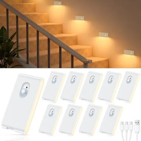 Rechargeable Night Light, Warm Stair Lights Indoor, Wireless 10 Pack White