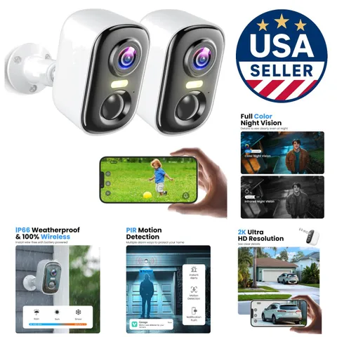 2K Wireless Outdoor Security Cameras - 2 Pack with Night Vision & AI Detection
