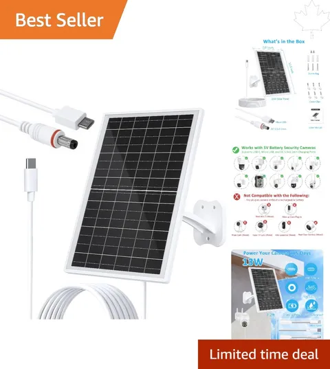 13W Waterproof Solar Panel for Security Cameras with Adjustable Mount & Ports