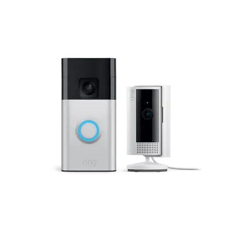 NEW Ring - Starter Set w/ Battery Doorbell & Indoor Cam - Satin Nickel and White